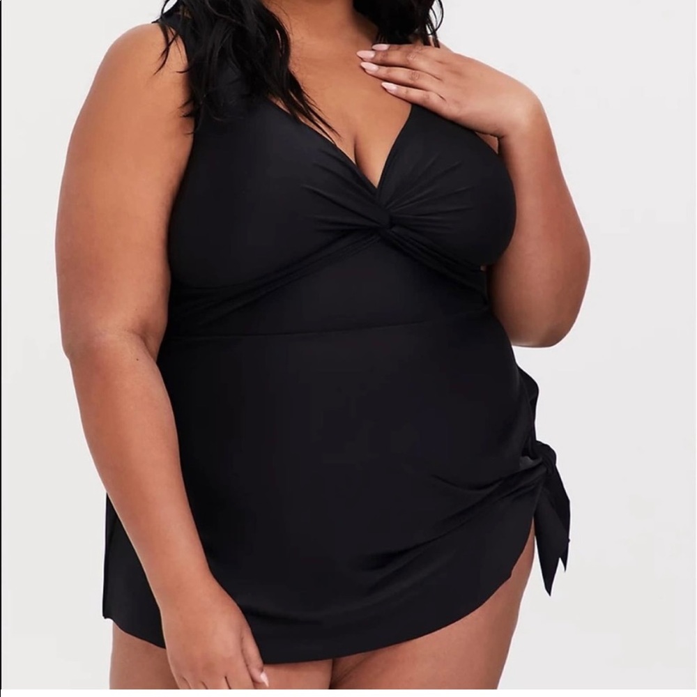 Torrid NWT black swim dress with asymmetrical tie hem; lightly lined, wire free